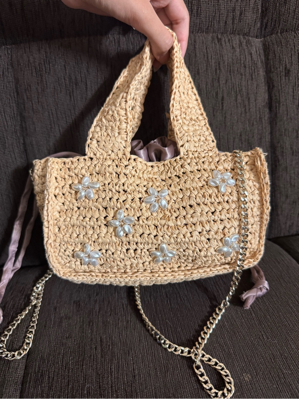 Zara Pearl-Embellished Straw Crossbody Bag - Beige